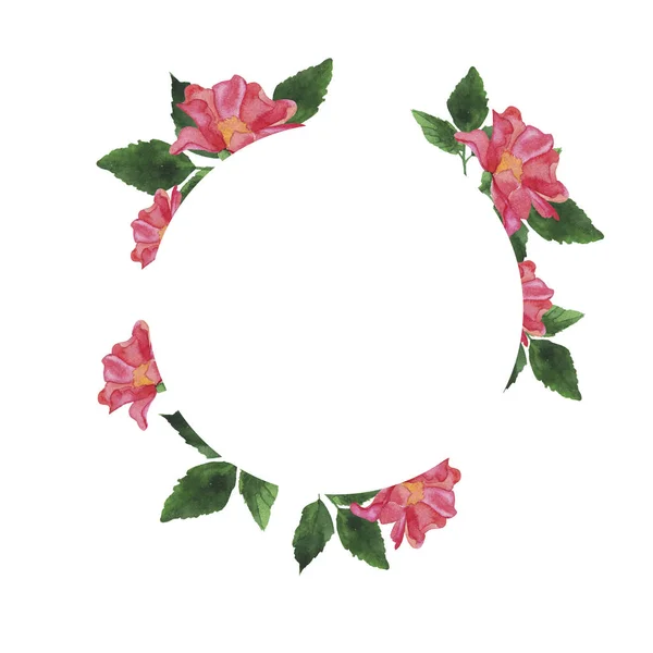 Watercolor Painting Beautiful Spring Wreath Green Leaves Pink Flowers — Stock Photo, Image
