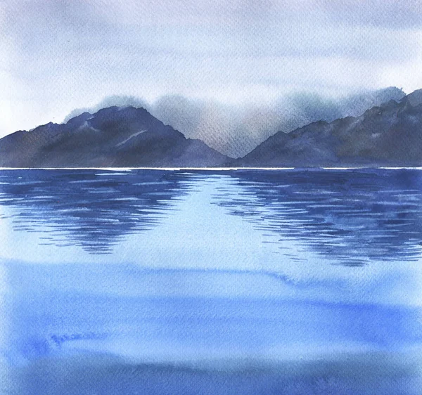 Watercolor Painting Blue Sea Water Mountain Background — Stock Photo, Image