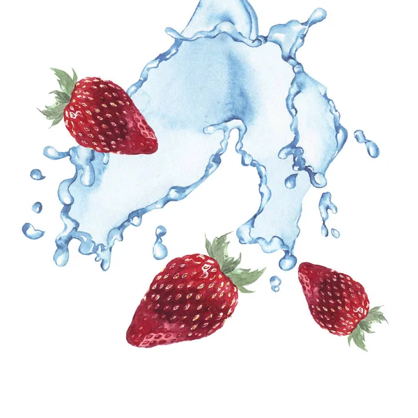 Malba Akvarel Čisté Modré Vody Splash Jahodami Pozadí — Stock fotografie