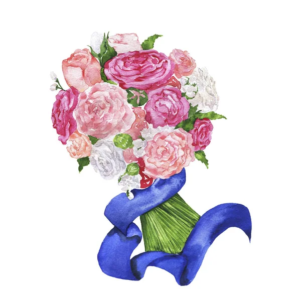 Piękne Malarstwo Akwarela Bukiet Wiosna Kwiatów Róży Zielonych Liści — Zdjęcie stockowe