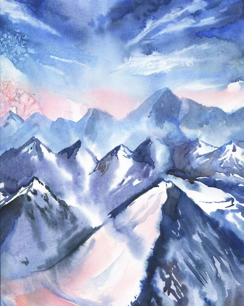 Bela Pintura Aquarela Paisagem Inverno Com Montanhas Nevadas — Fotografia de Stock