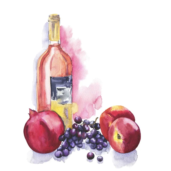 Acuarela Pintura Botella Vino Con Frutas Sobre Fondo Blanco —  Fotos de Stock