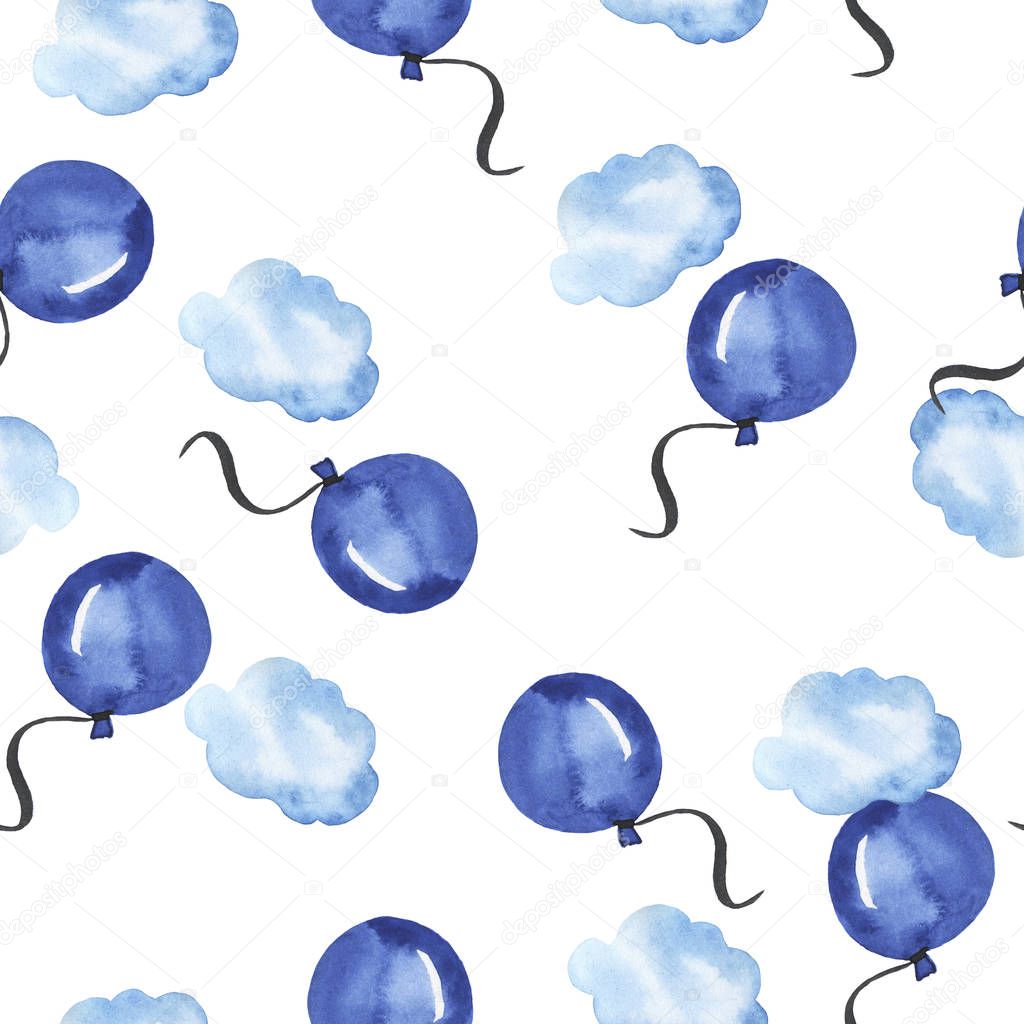 watercolor painting of blue clouds and balloons seamless pattern background