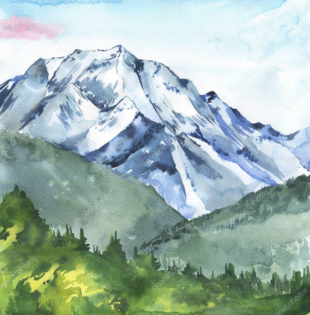 beautiful watercolor painting of winter landscape with snowy mountains