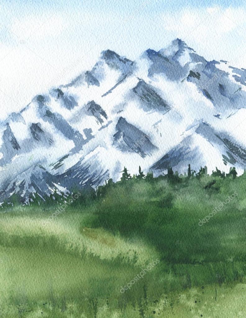 beautiful watercolor painting of winter landscape with snowy mountains
