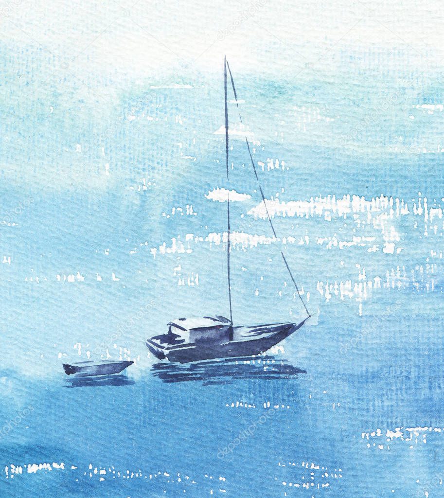 watercolor painting of beautiful boat on blue sea water background