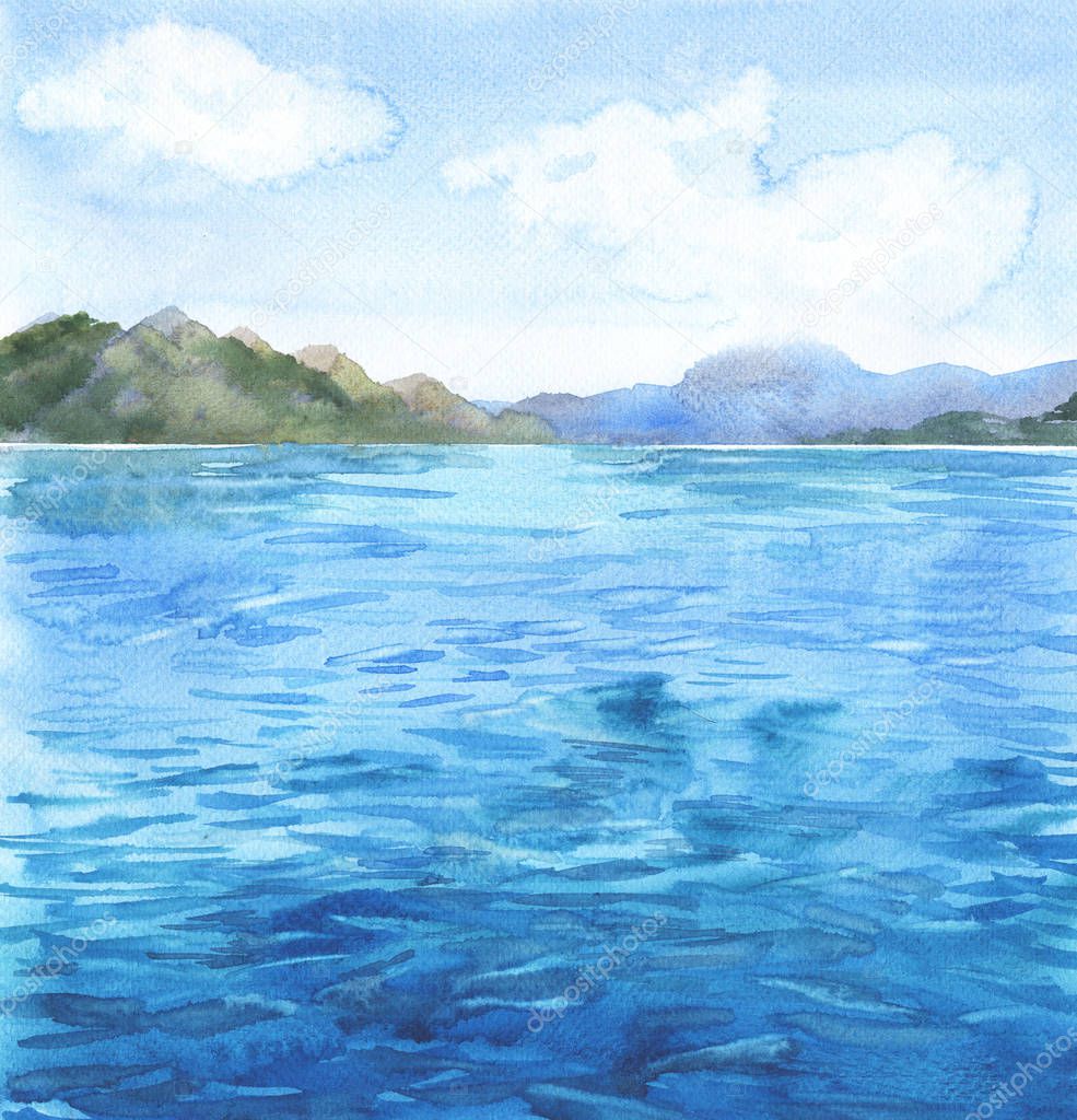 watercolor painting of blue sea water on sky background