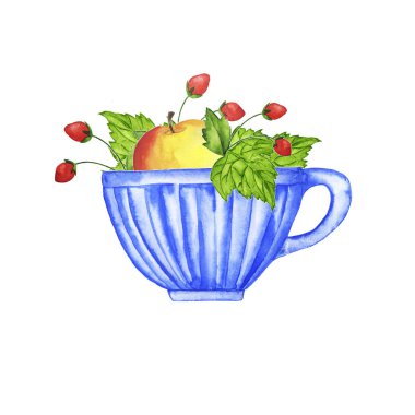 Mavi Kupası beyaz arka plan üzerinde izole elma, çilek ve yeşil yapraklarla bitki çayı ile. El suluboya resim çekilmiş.
