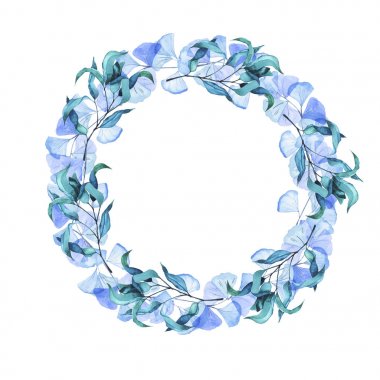 Mavi yaprakları ve beyaz arka plan üzerinde izole yuvarlak çerçeve şubeleri. El suluboya resim çekilmiş.