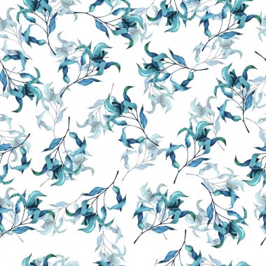 Beyaz zemin üzerine mavi zerafet dalları ile Seamless modeli. El suluboya resim çekilmiş.