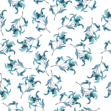 Beyaz zemin üzerine mavi zerafet dalları ile Seamless modeli. El suluboya resim çekilmiş.