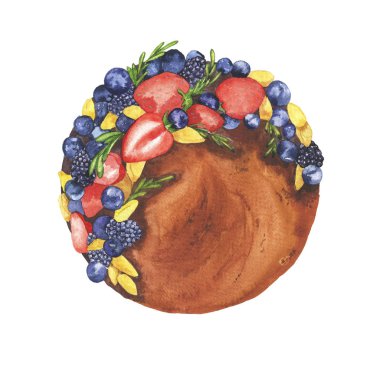 Beyaz arka plan üzerinde izole meyve ve meyve kek. El suluboya resim çekilmiş.