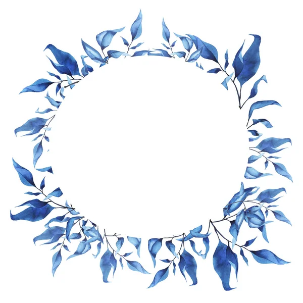 Ghirlanda Foglie Blu Isolata Sfondo Bianco Illustrazione Acquerello Disegnato Mano — Foto Stock