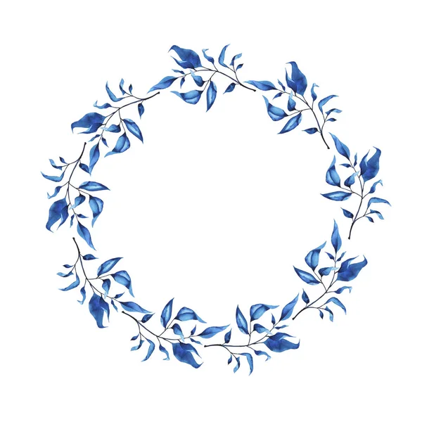 Niebieskie Liście Gałęzie Garland Białym Tle Ilustracja Akwarela — Zdjęcie stockowe
