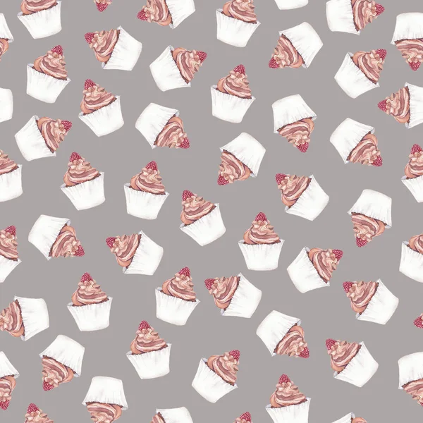 Patrón Sin Costuras Con Cremosos Frescos Cupcakes Frambuesa Sobre Fondo —  Fotos de Stock
