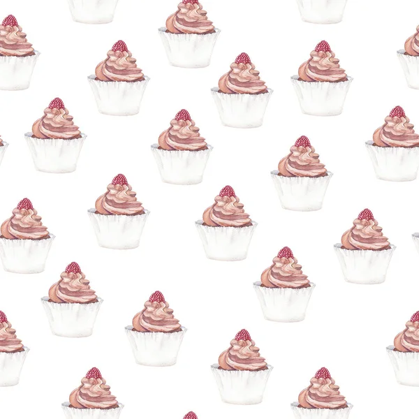 Padrão Sem Costura Com Cupcakes Framboesa Cremoso Fresco Fundo Branco — Fotografia de Stock