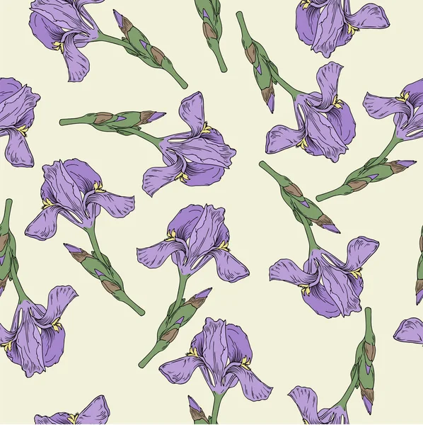 Naadloze Patroon Met Fleur Lis Violette Bloemen Groene Bladeren Pastel — Stockvector