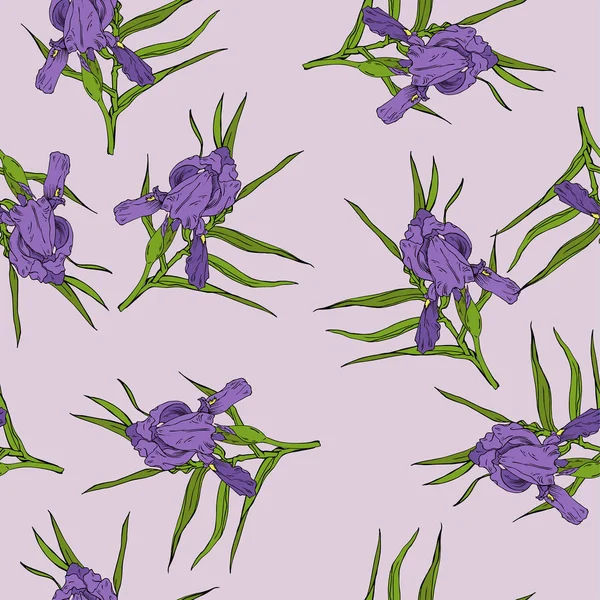 Naadloze Patroon Met Fleur Lis Violette Bloemen Groene Bladeren Pastel — Stockvector