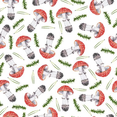 Kırmızı agarik mantarlı kusursuz desen, yeşil yapraklar ve beyaz arka planda çam iğneleri. El çizimi suluboya çizimi.