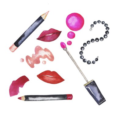 Pembe dudak parlatıcısı, siyah inciler ve beyaz arka planda izole edilmiş makyaj kalemleri. El çizimi suluboya çizimi.