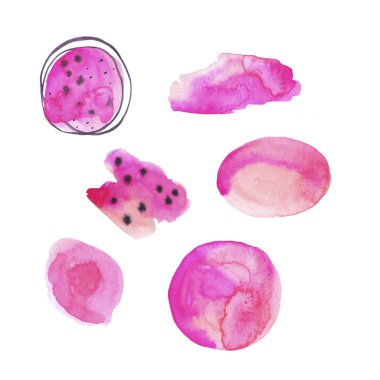 Dekoratif pembe noktalar ve beyaz arka planda izole edilmiş desenler. El çizimi suluboya çizimi.