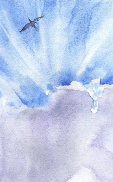 Blue Sky Cloud Sunshine Flying Bird Hand Drawn Watercolor Illustration — Stock Photo, Image