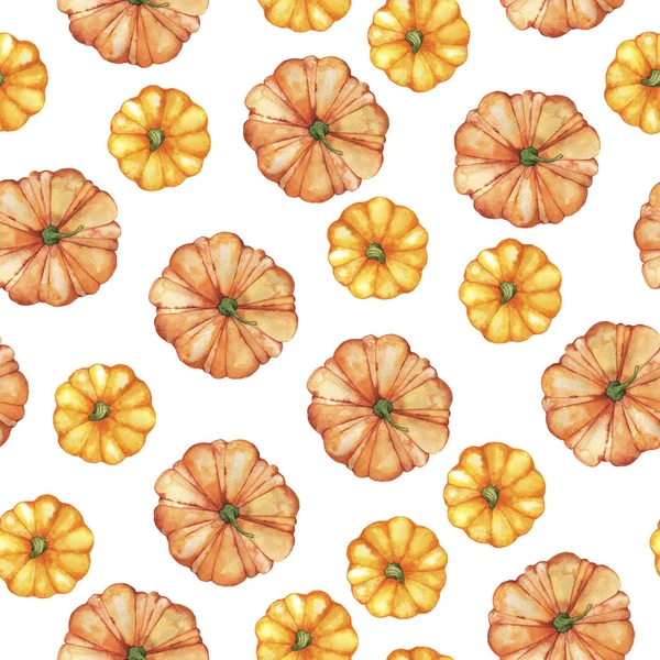 无缝隙图案 白色背景上有新鲜的橙色南瓜 手绘水彩画 — 图库照片