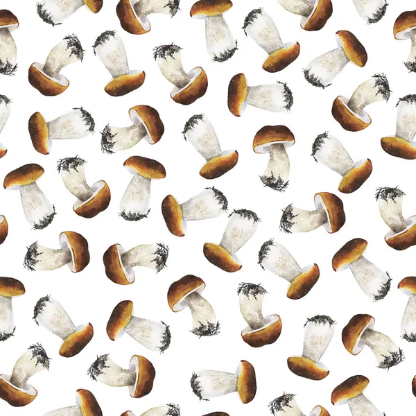 Seamless Pattern Wild Mushrooms White Background Hand Drawn Watercolor Illustration — 스톡 사진