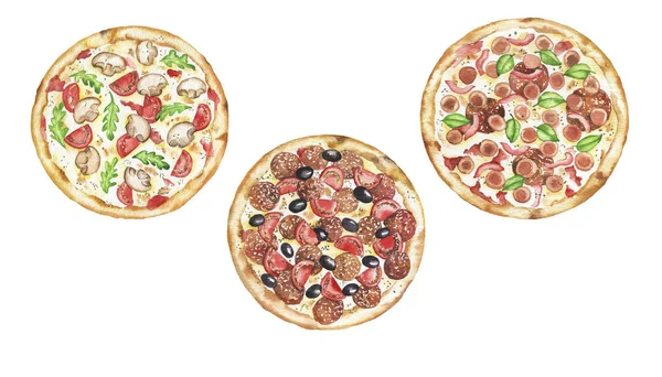 Set Pizza Caliente Con Hierbas Champiñones Aceitunas Salami Aislados Sobre — Foto de Stock