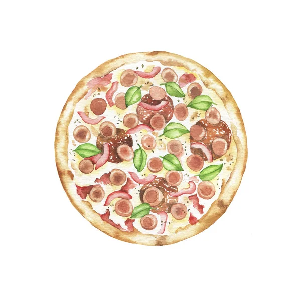 Hot Pizza Herbs Salami Sausages Isolated White Background Hand Drawn — 스톡 사진