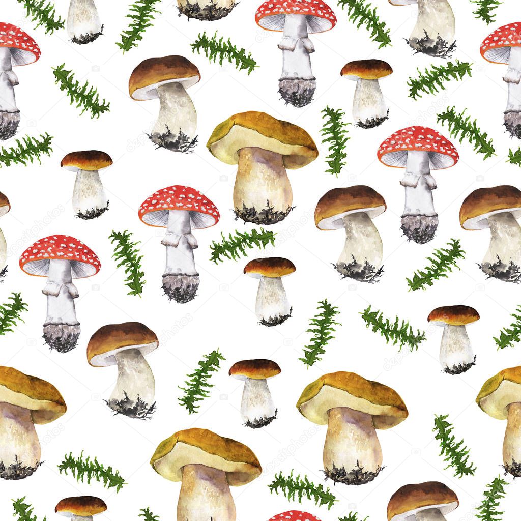 Seamless pattern with agaric and forest mushrooms on white background. Hand drawn watercolor illustration.