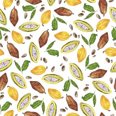 Beyaz arka planda kakao kabukları, fasulyeler ve yeşil yapraklarla kusursuz desen. El çizimi suluboya çizimi.