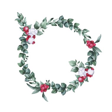 Yeşil okaliptüs dalları ve beyaz arka planda izole edilmiş kırmızı ve beyaz dut çerçevesi. El çizimi suluboya çizimi.