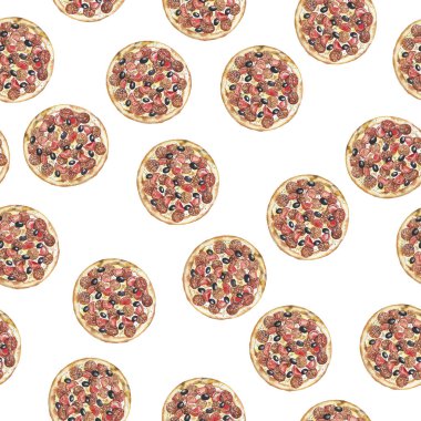 Beyaz arka planda salamlı ve koyu zeytinli pizzalı kusursuz desen. El çizimi suluboya çizimi.