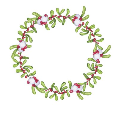 Beyaz arka planda yeşil yapraklar ve kırmızı ve beyaz böğürtlenler var. El çizimi suluboya çizimi.