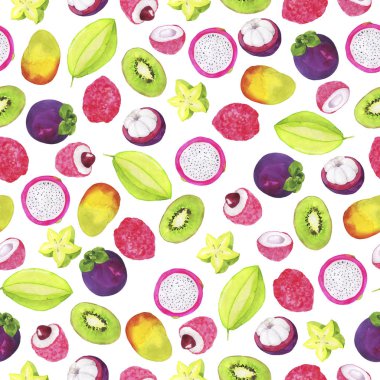 Beyaz arka planda tropikal meyve ve böğürtlen ile kusursuz desen. El çizimi suluboya çizimi.