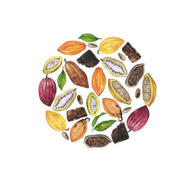 Cocoa beans, pods, leaves and pieces of chocolate circle isolated on white background. Hand drawn watercolor illustration.