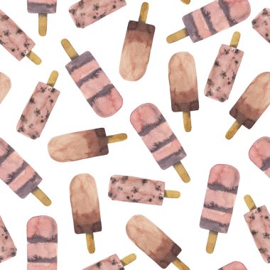 Beyaz arka planda vanilyalı ve kakaolu buzlu şekerli kusursuz desen. El çizimi suluboya çizimi.