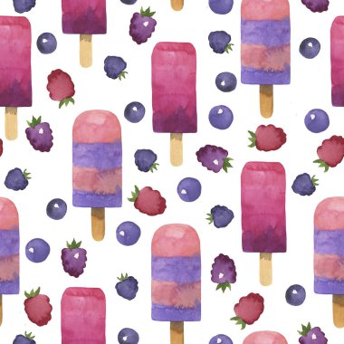 Taze meyveli dondurma ve ahududu, yabanmersini, böğürtlen ve beyaz arka planda kirazlı kusursuz desen. El çizimi suluboya çizimi.