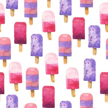 Taze meyve ve meyveli buzlu dondurma ve beyaz arka planda taze böğürtlen. El çizimi suluboya çizimi.