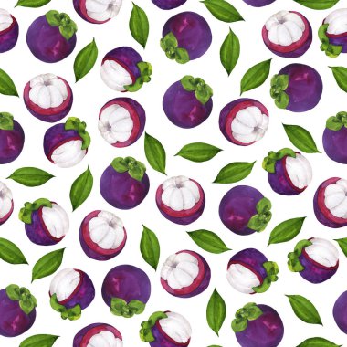 Taze mangosteen ve beyaz arka planda yeşil yapraklı pürüzsüz desen. El çizimi suluboya çizimi.