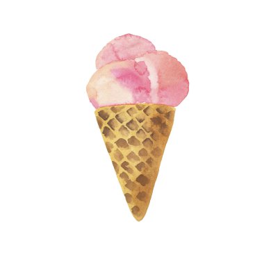 Beyaz arka planda izole edilmiş gofret külahındaki şirin pembe dutlu buz kabuğu. El çizimi suluboya çizimi.