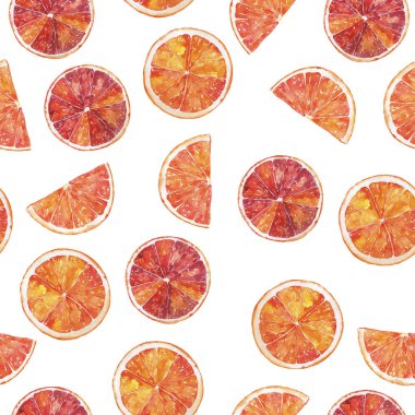 Kırmızı turuncu ve beyaz arka planda greyfurt dilimleri olan kusursuz desen. El çizimi suluboya çizimi.