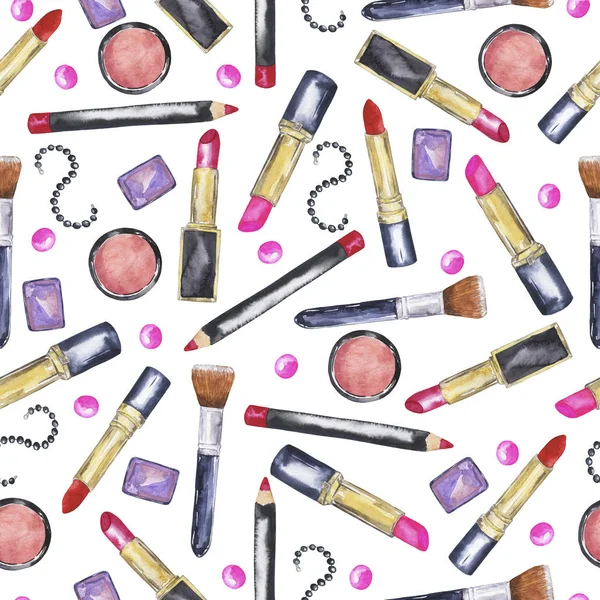 Seamless pattern with makeup, lipstick, blush, shadows and black bracelets on white background. Hand drawn watercolor illustration.