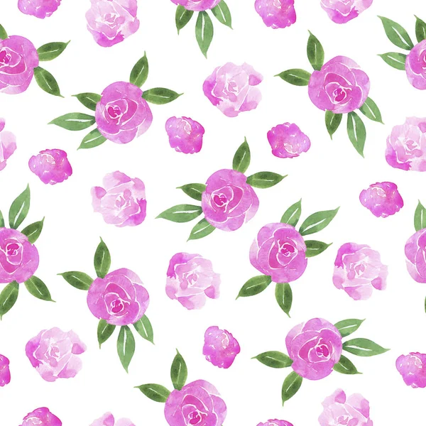 无缝隙图案 白色背景上有柔和的粉红色玫瑰和绿叶 面料或婚纱设计 手绘水彩画 — 图库照片