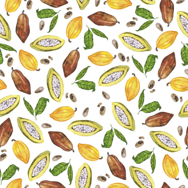 Бесшовный рисунок с какао стручки, бобы и зеленые листья на белом фоне. Ручная рисованная акварель
.