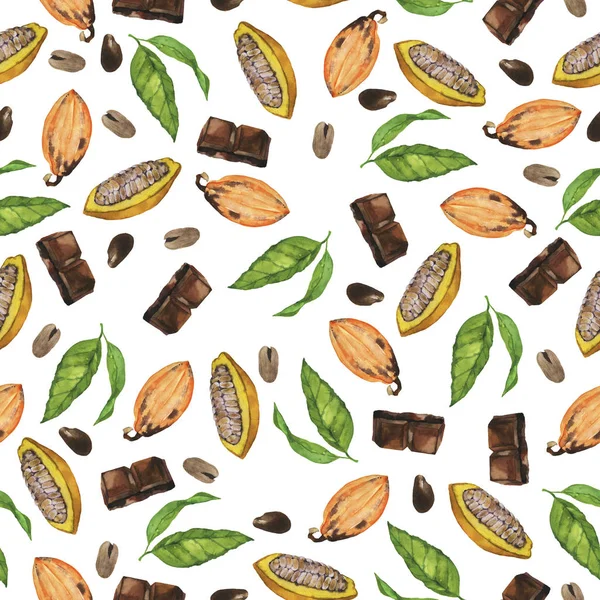白い背景に野生のココアポス 緑の葉やチョコレートピースとシームレスなパターン 手描き水彩画 — ストック写真