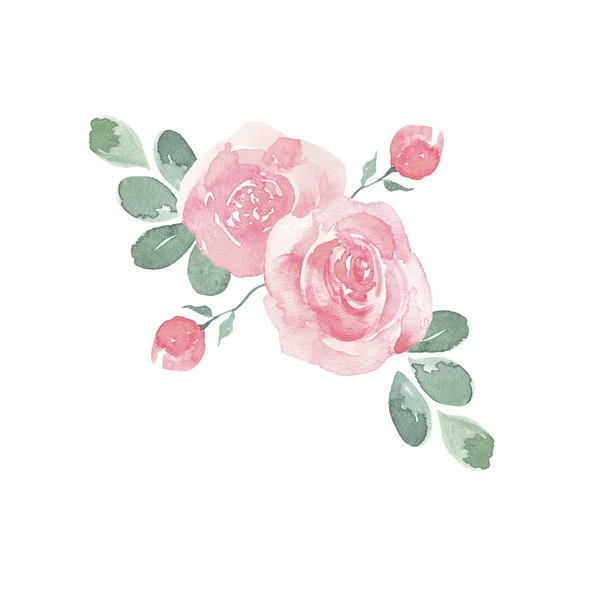 Rosa Pastello Foglie Verdi Bouquet Isolato Sfondo Bianco Illustrazione Acquerello — Foto Stock