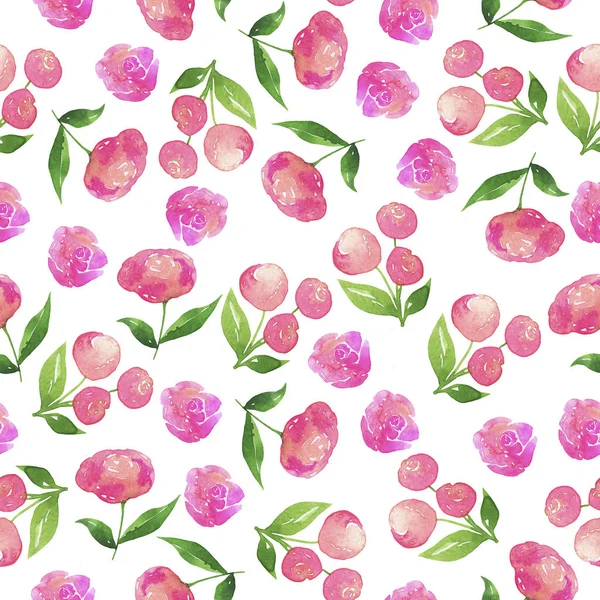 Seamless Pattern Tender Pink Flowers Green Leaves White Background Fabric — Stock Photo, Image