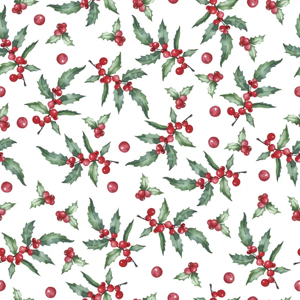 Seamless pattern with holly leaf branches and red berries on white background. Hand drawn watercolor illustration.